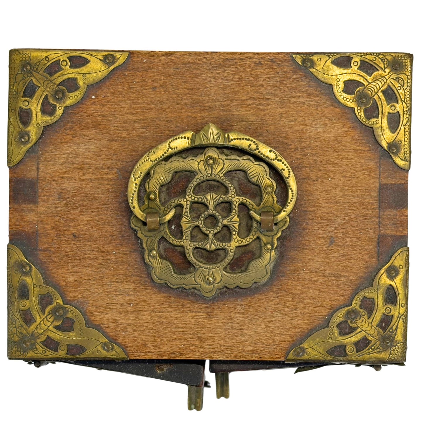 Chinese Wooden Jewelry Box with Carved Stone Panels and Brass Fittings