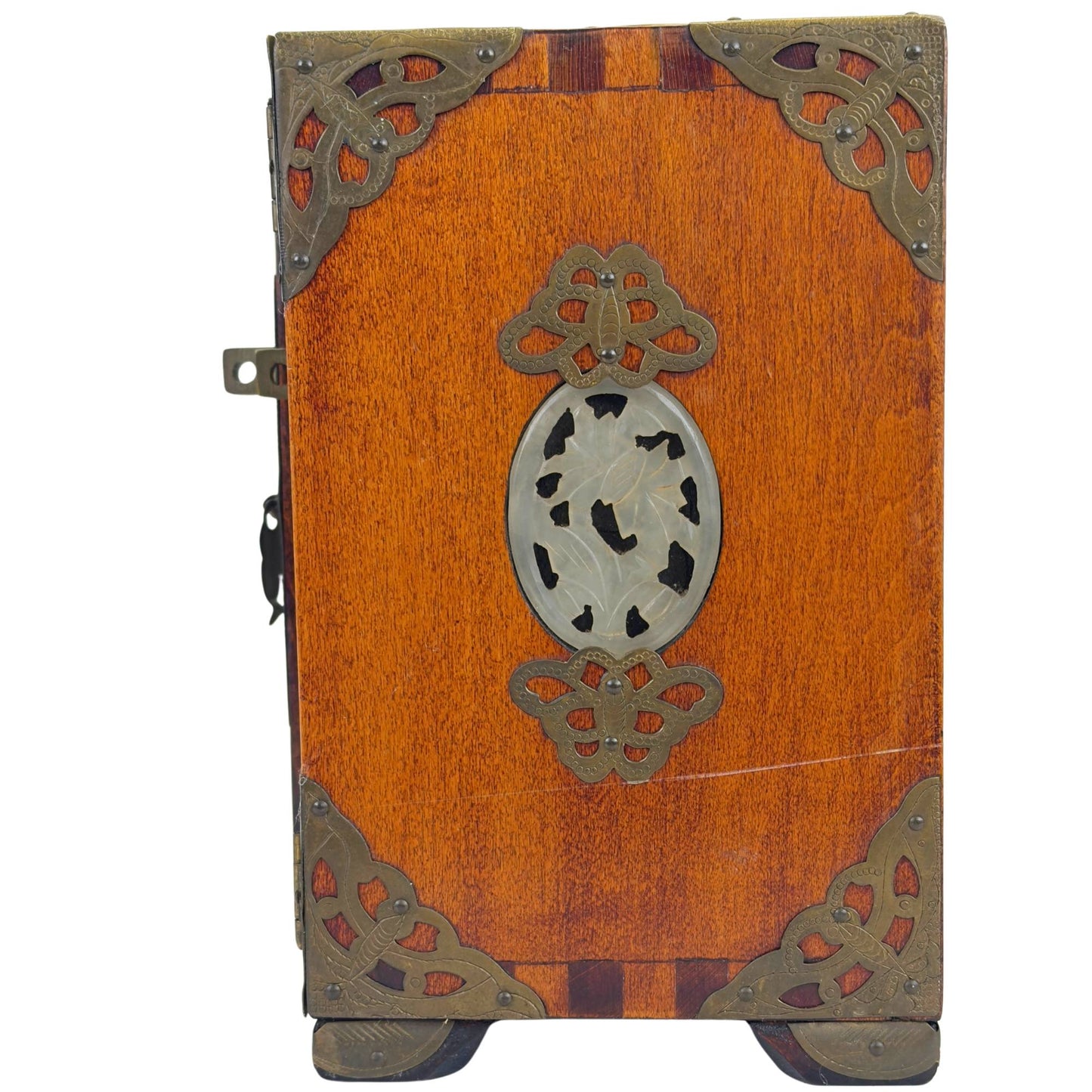 Chinese Wooden Jewelry Box with Carved Stone Panels and Brass Fittings