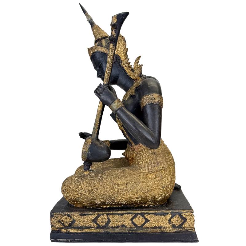 Thai Musician Statue Bronze – Gold Black Patina Temple Figure