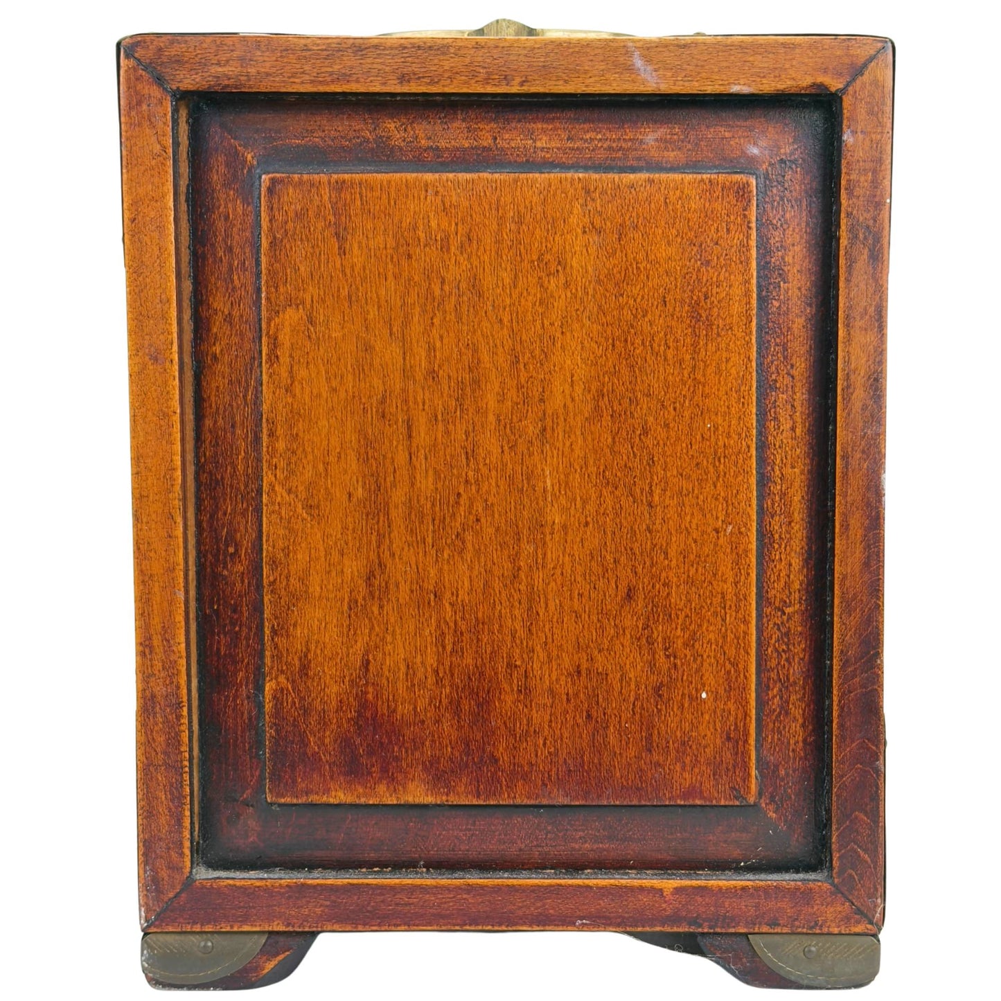 Chinese Wooden Jewelry Box with Carved Stone Panels and Brass Fittings