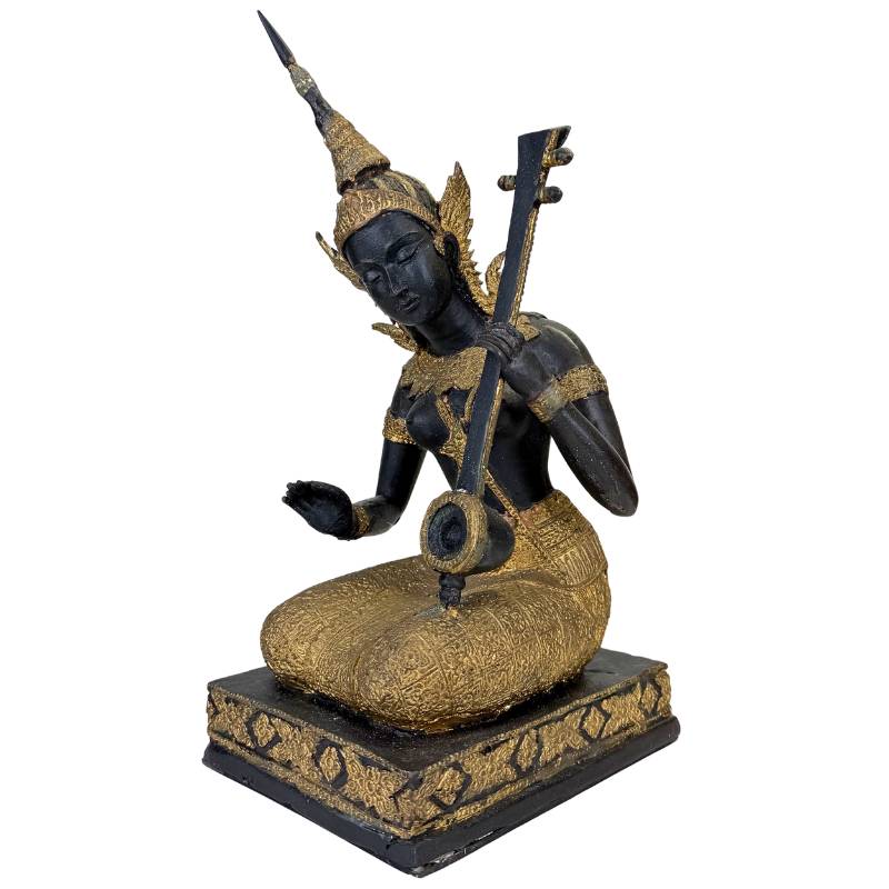 Thai Musician Statue Bronze – Gold Black Patina Temple Figure