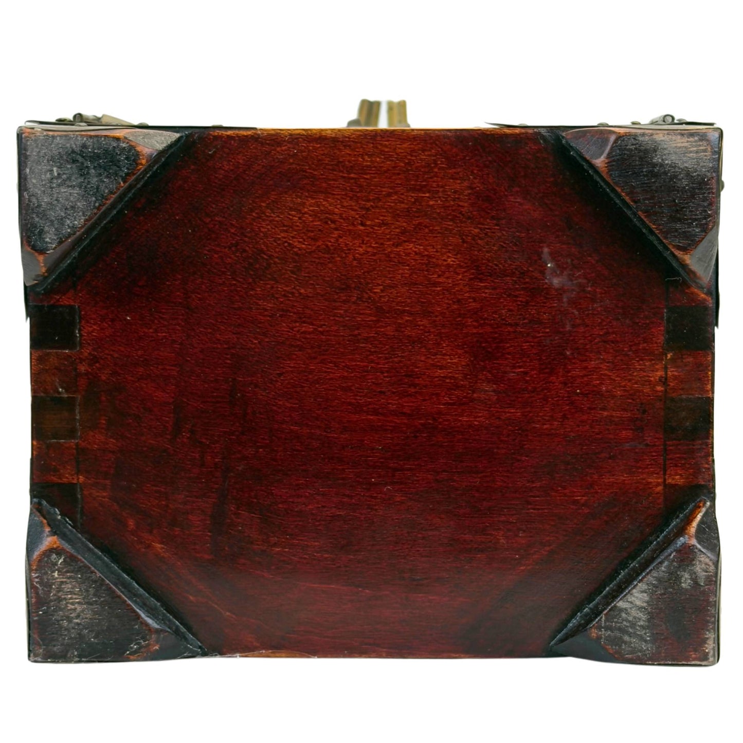 Chinese Wooden Jewelry Box with Carved Stone Panels and Brass Fittings