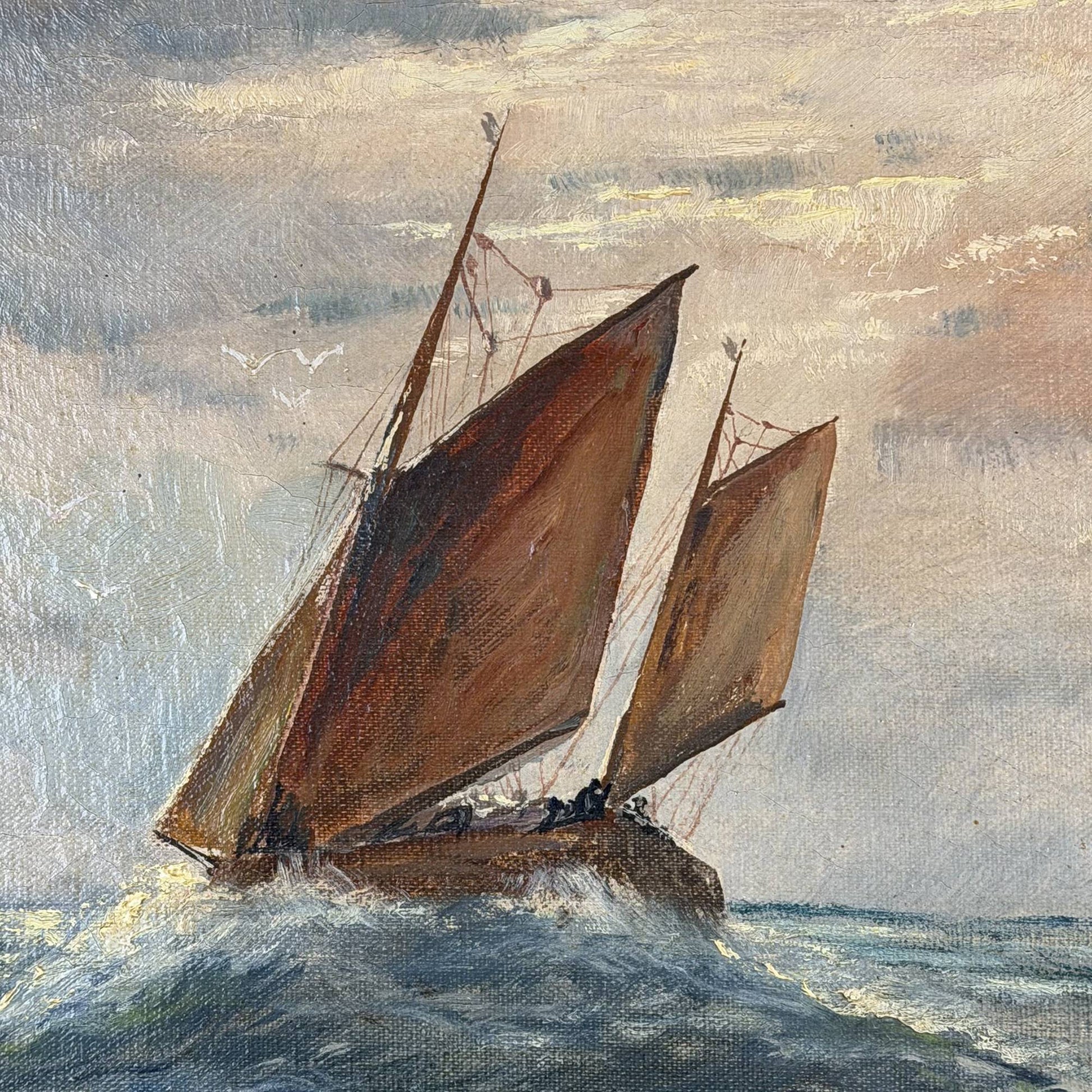 Antique maritime oil painting on canvas measuring 53x63 cm by R. Doorn of a fishing vessel at sea, perfect as exclusive wall art.