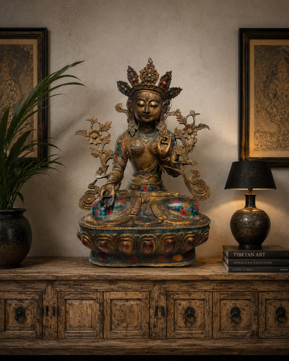 Antique Sino-Tibetan White Tara gilded bronze cloisonné enamel masterpiece 80cm