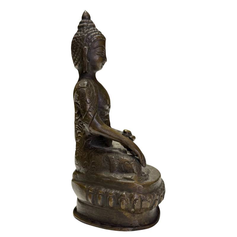 Side view of the Buddha focusing on the deep, natural patina.