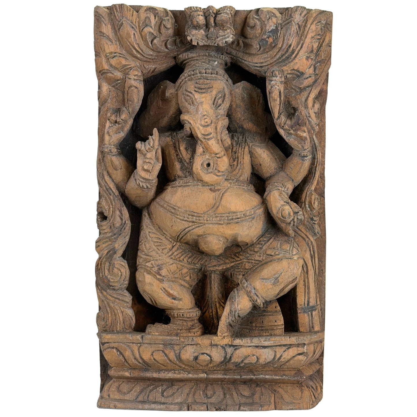 Carved wooden relief of Ganesha from India with architectural frame