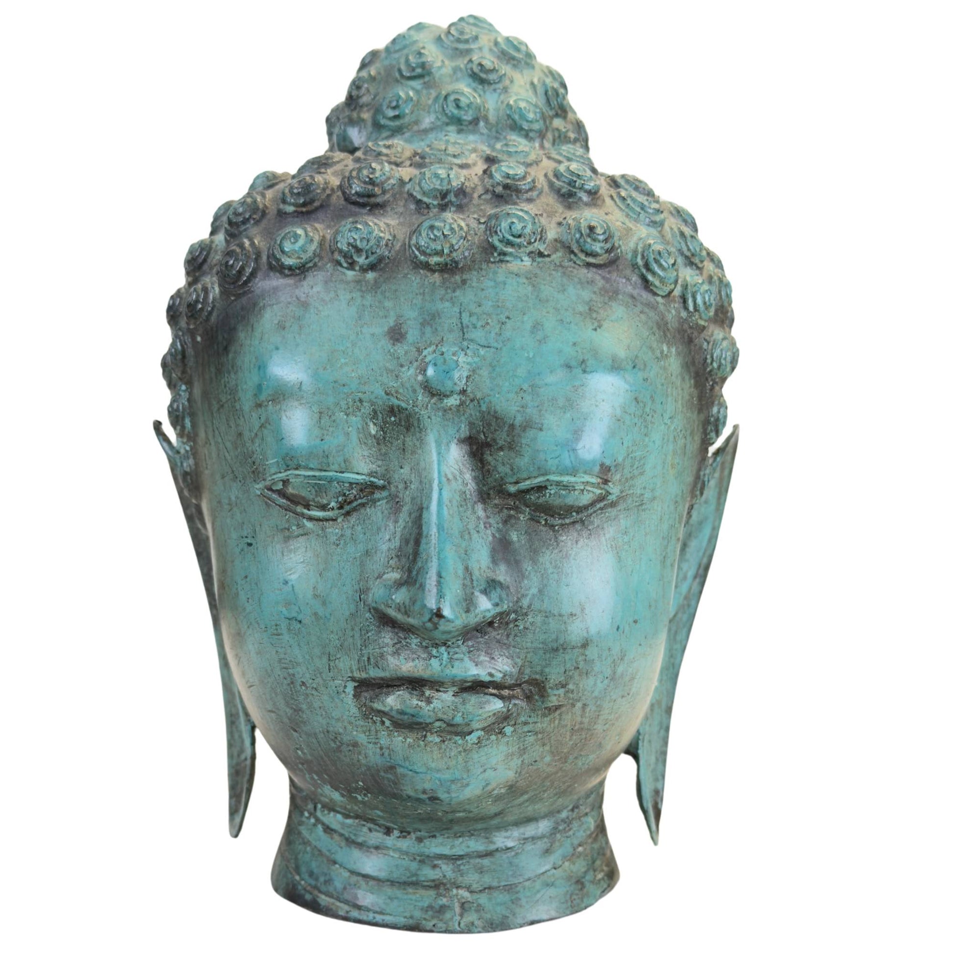 Turquoise patinated bronze Buddha head in Thai U Thong style