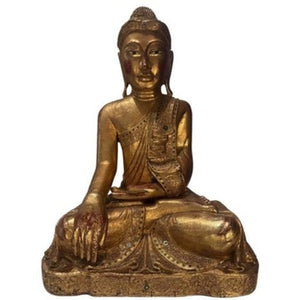 Grande statue de Bouddha de Mandalay, Birmanie – Bois recouvert de feuilles d'or et yeux incrustés, vers 1850-1900