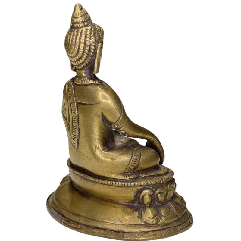 Back of brass Shakyamuni with detailed robes.