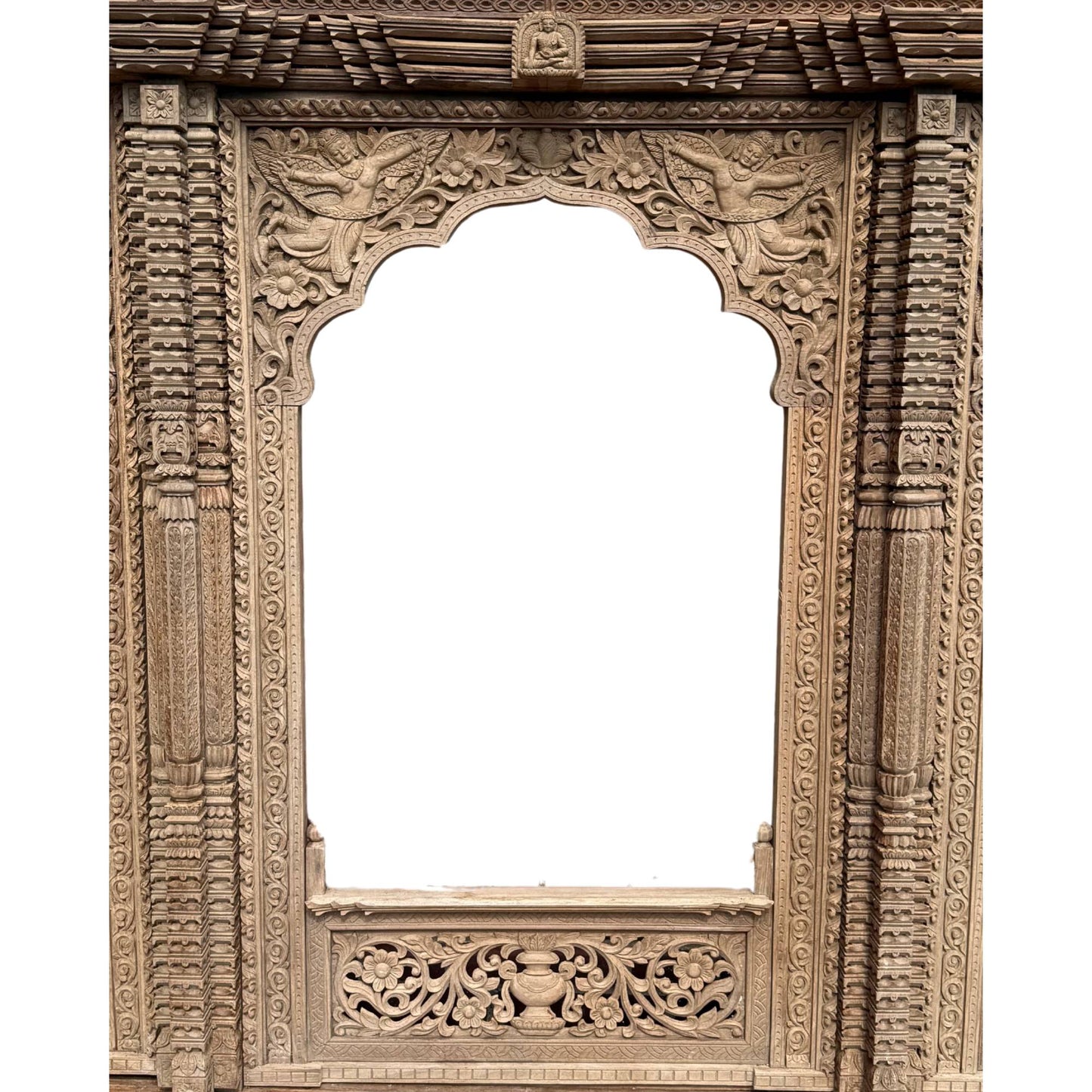 Central Buddha sculpture 19th century teak window frame Nepal
