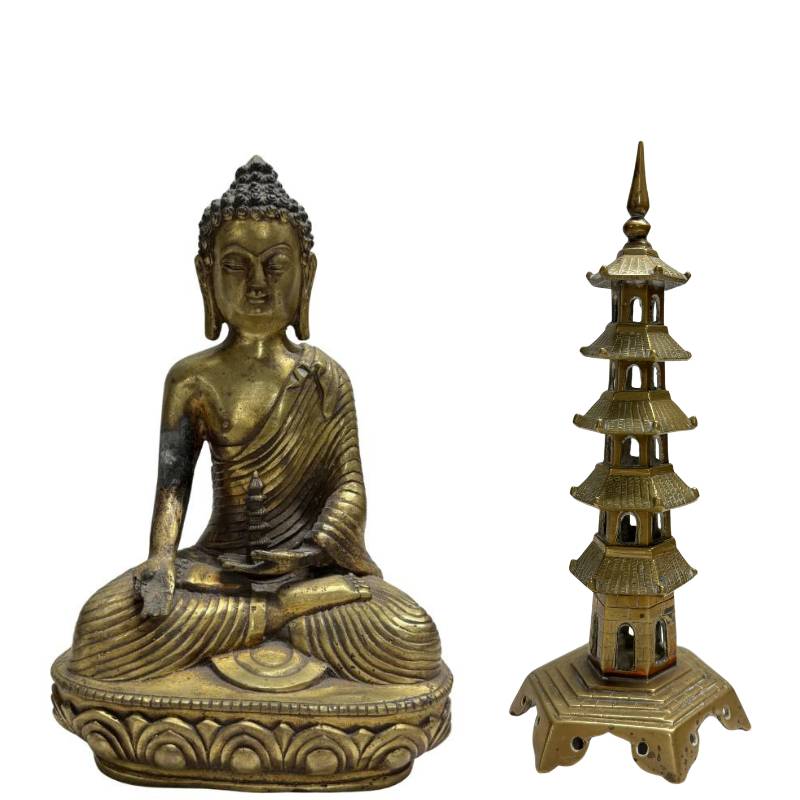 Chinese Bronze Altar Set with Medicine Buddha and Twin Pagoda Towers - 3-Piece