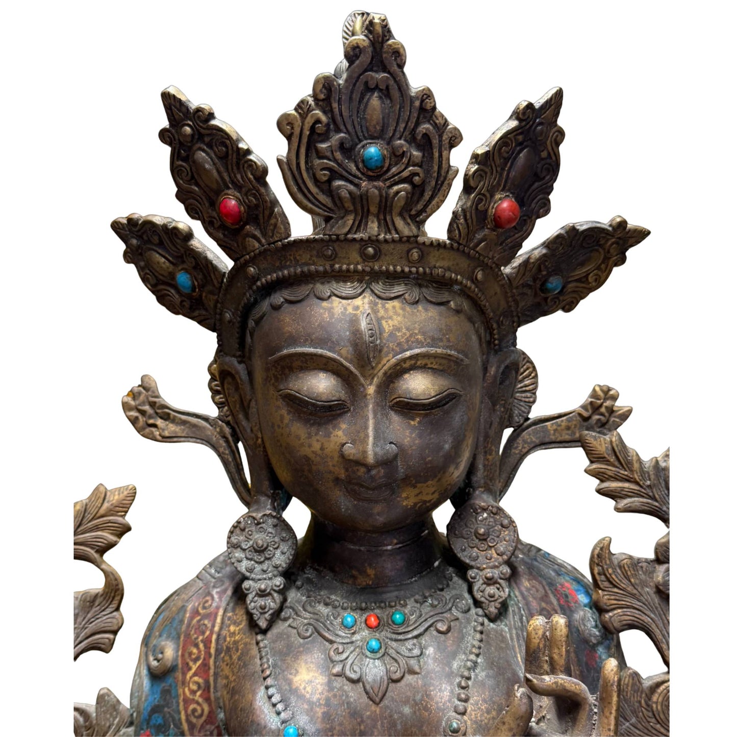 Cloisonné enamel floral motifs White Tara gilded bronze antique altarpiece