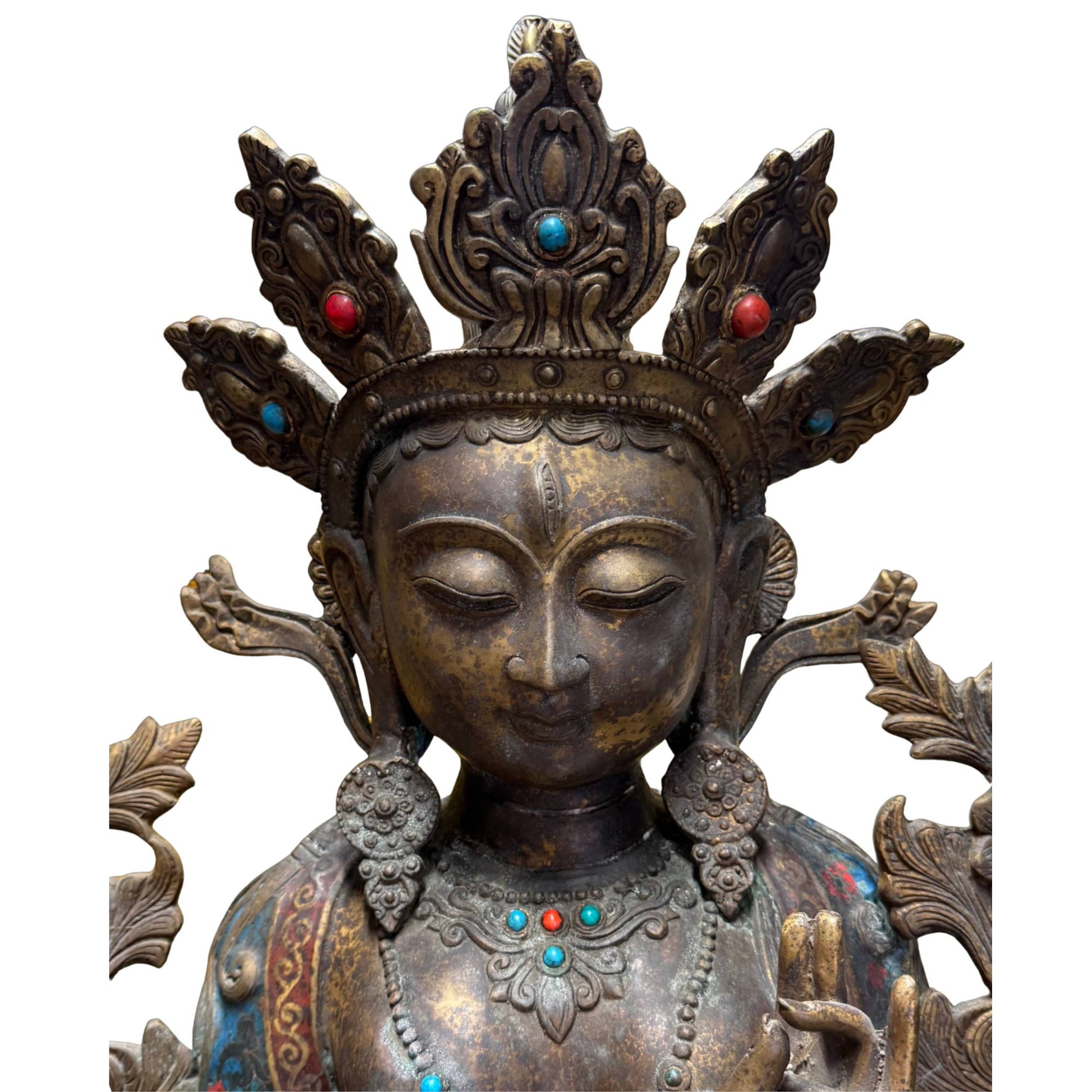 Cloisonné enamel floral motifs White Tara gilded bronze antique altarpiece
