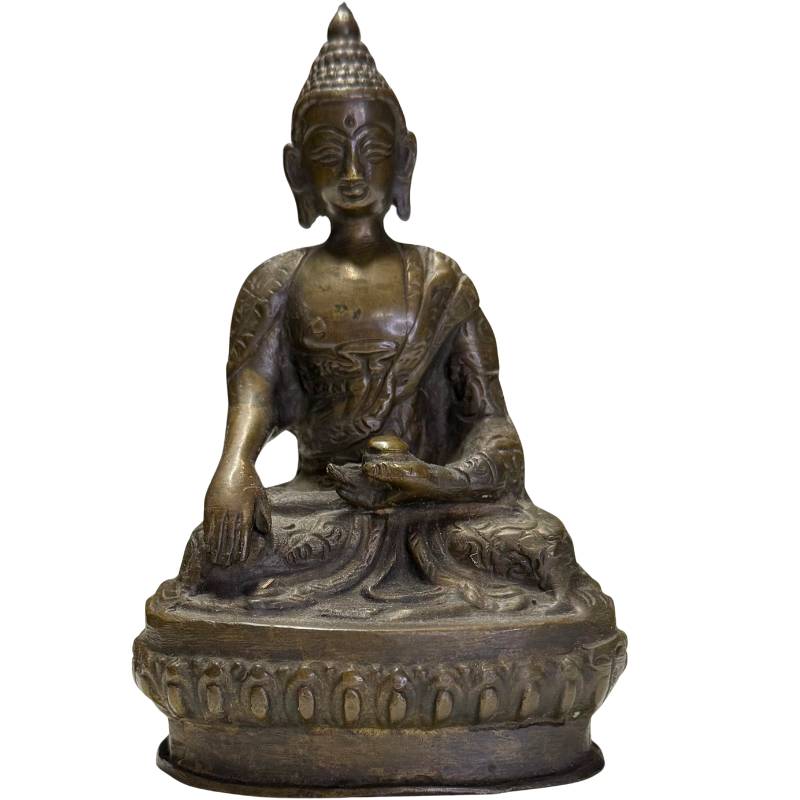 Front view of an authentic handmade bronze Buddha statue.