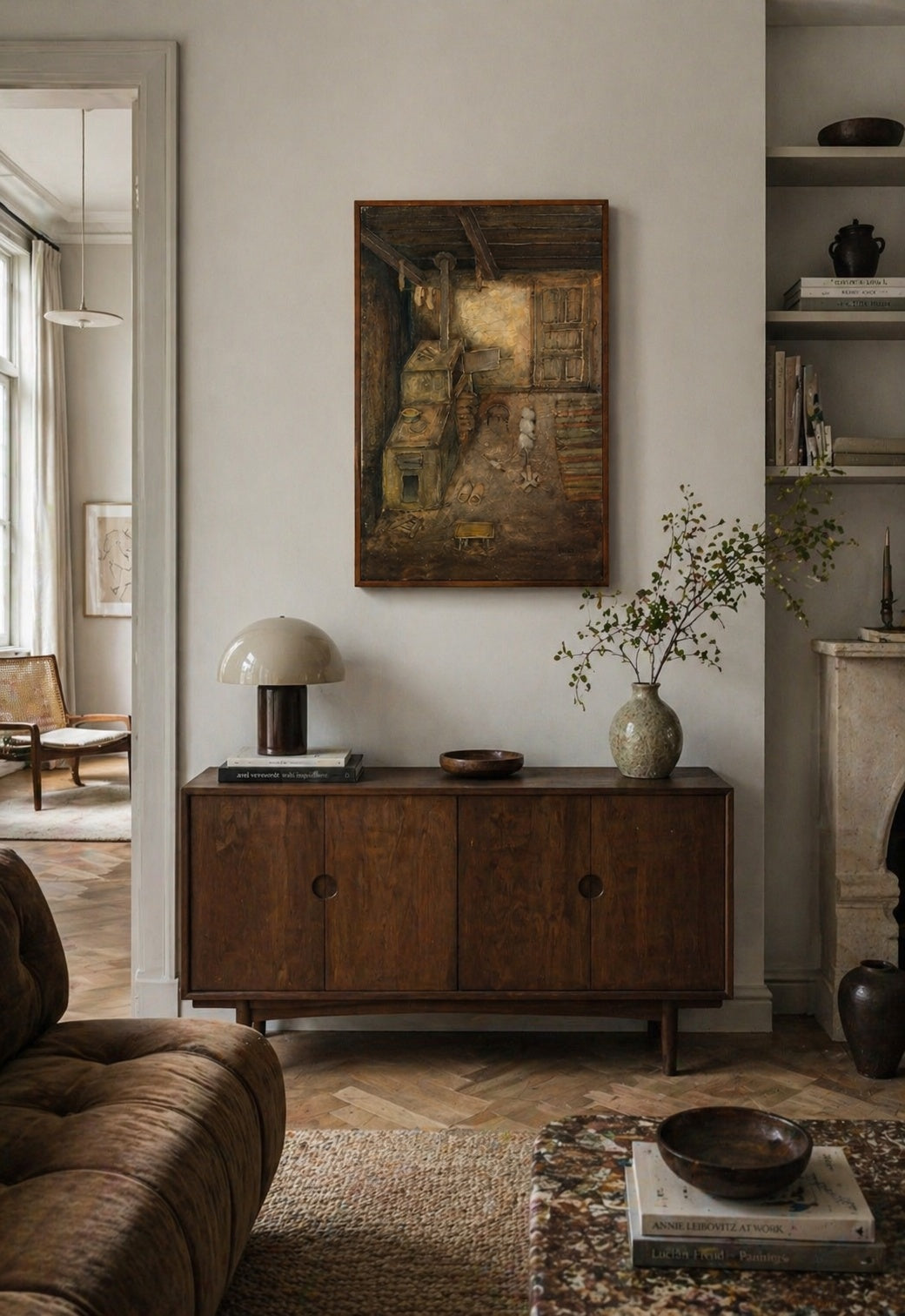 Painting in Naive style by Pavao Mlinarić depicting a simple interior in earth tones with a characteristic stove from Lika.