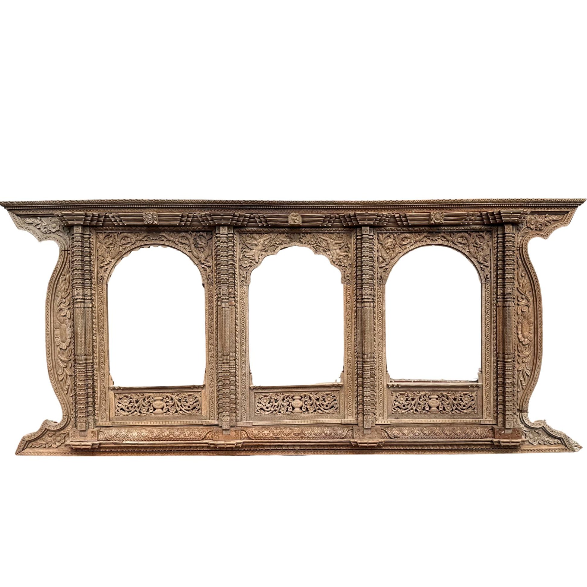 Monumental Newari San Jhya teak window frame 365cm 19th century
