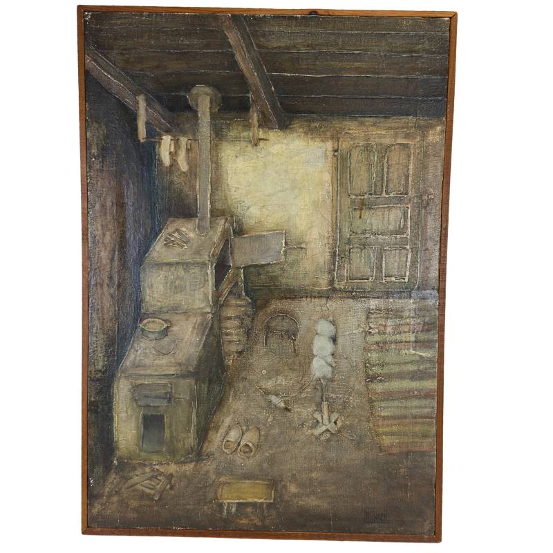 Authentic oil painting by Pavao Mlinarić depicting a rustic Croatian peasant interior and a traditional stove.