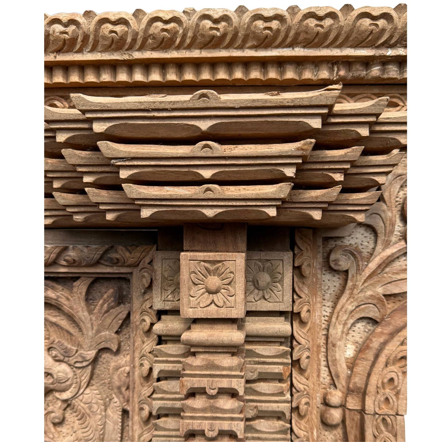 San Jhya window frame with pagoda cornice antique teak