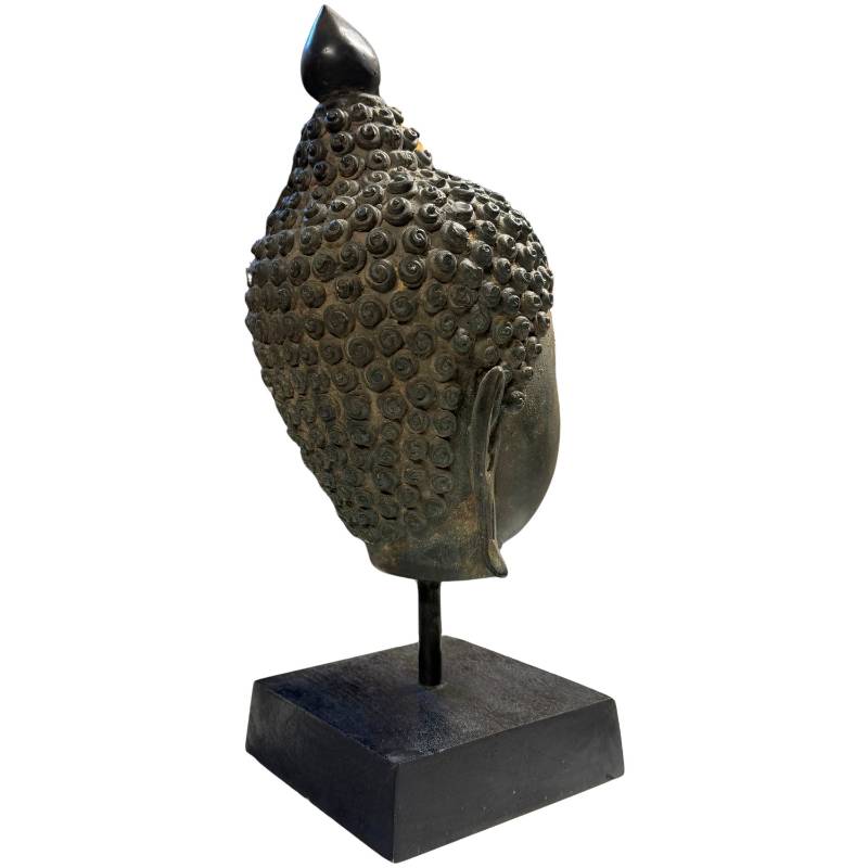 Sukhothai style bronze Buddha head with dark oxidation patina