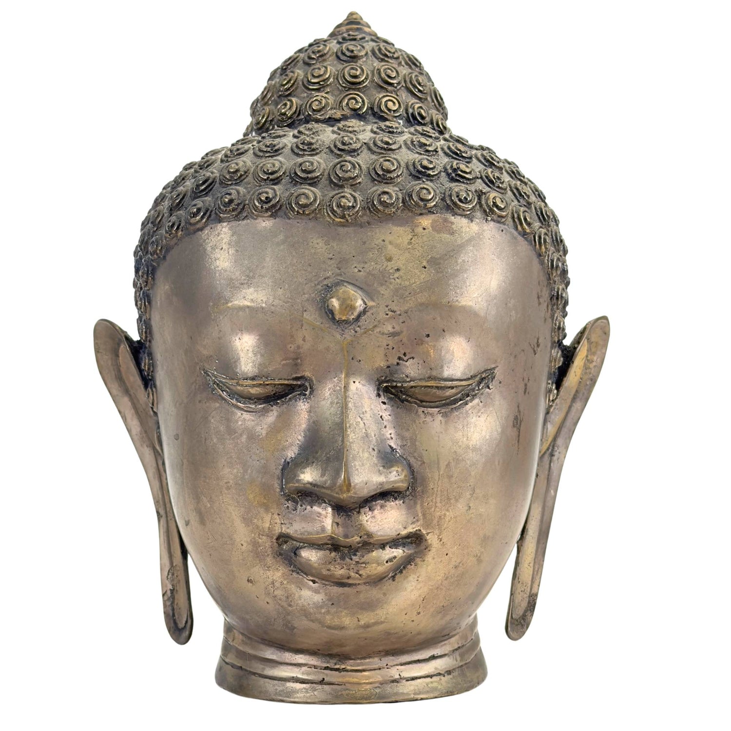 A historic Thai bronze Buddha head in Sukhothai style displayed in a museum setting.