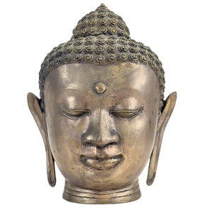 Patinated brass-bronze Buddha head in classic Thai Sukhothai style line.