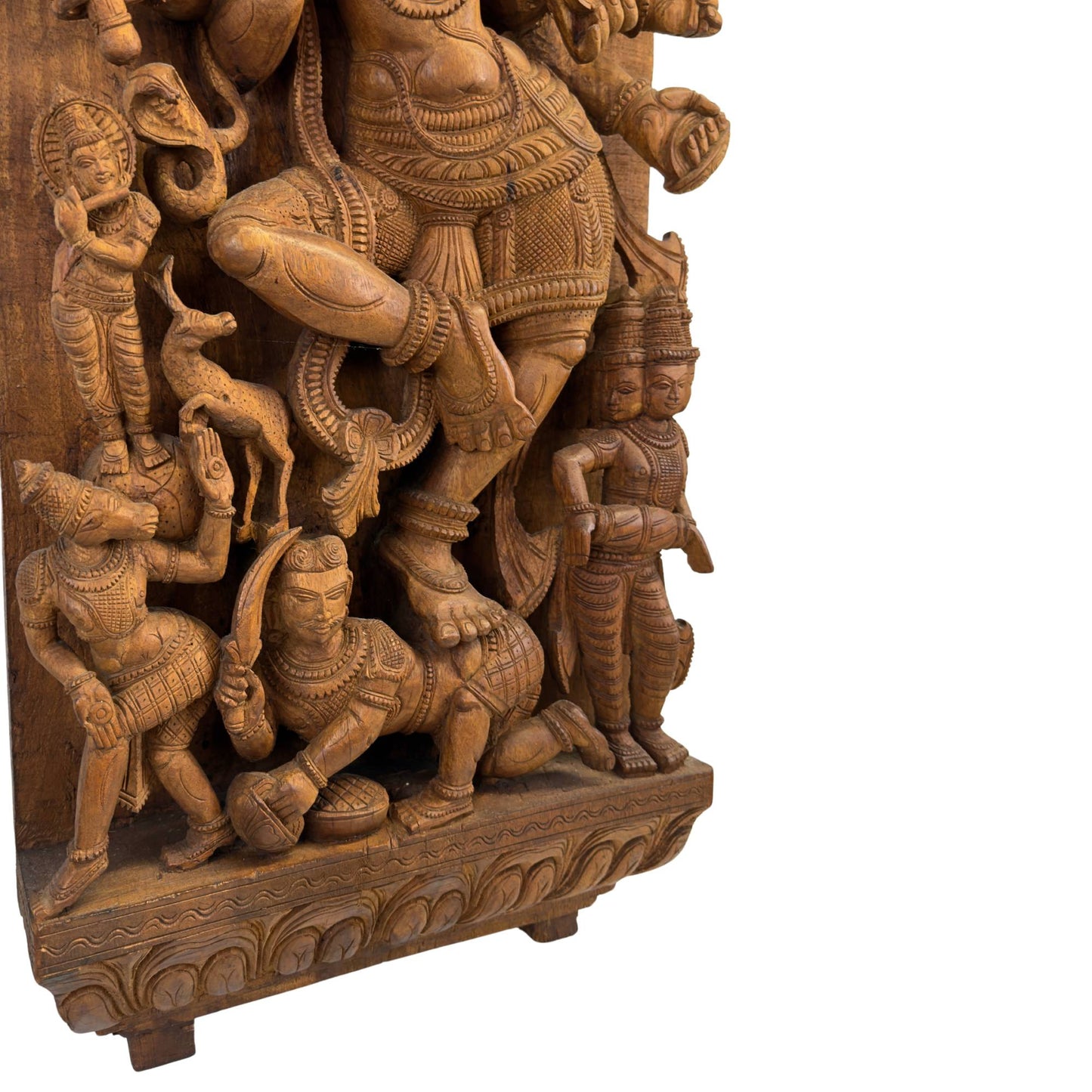 Close-up of the mythological retinue on the left with the horse-headed attendant Tandu, a flute player, and a leaping deer.