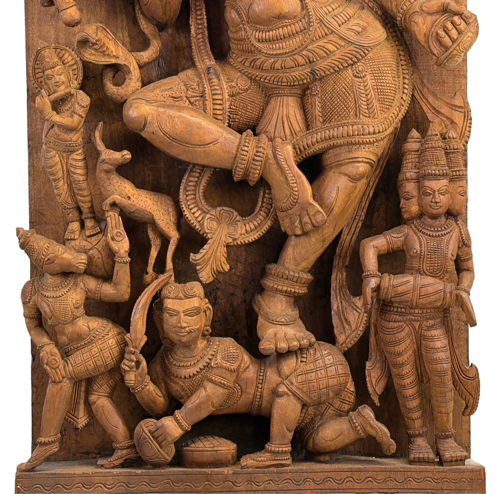 Detail of the underside of the temple panel with Shiva triumphing over the dwarf demon Apasmara, flanked by the drum-playing god Brahma.