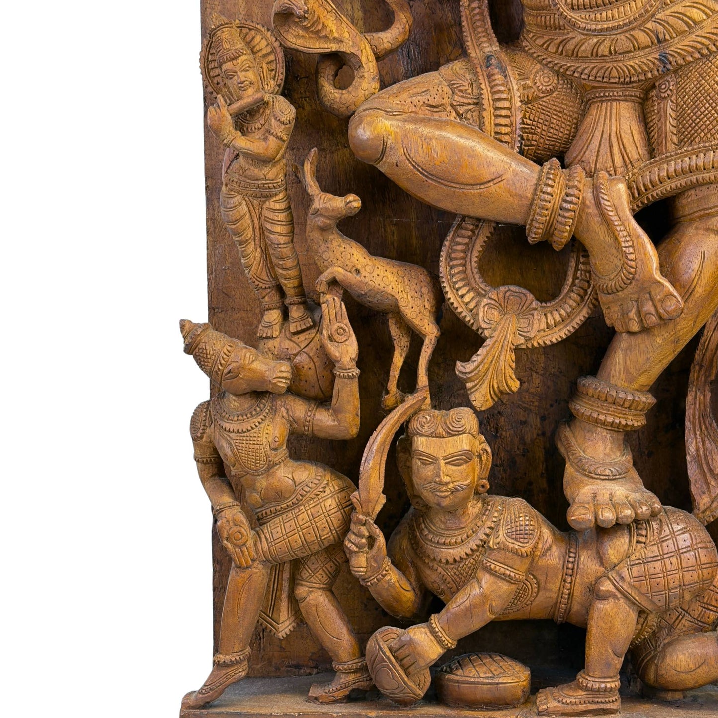 Close-up of the lower part of the wooden panel with the detailed depiction of the figures surrounding the feet of Shiva Nataraja.