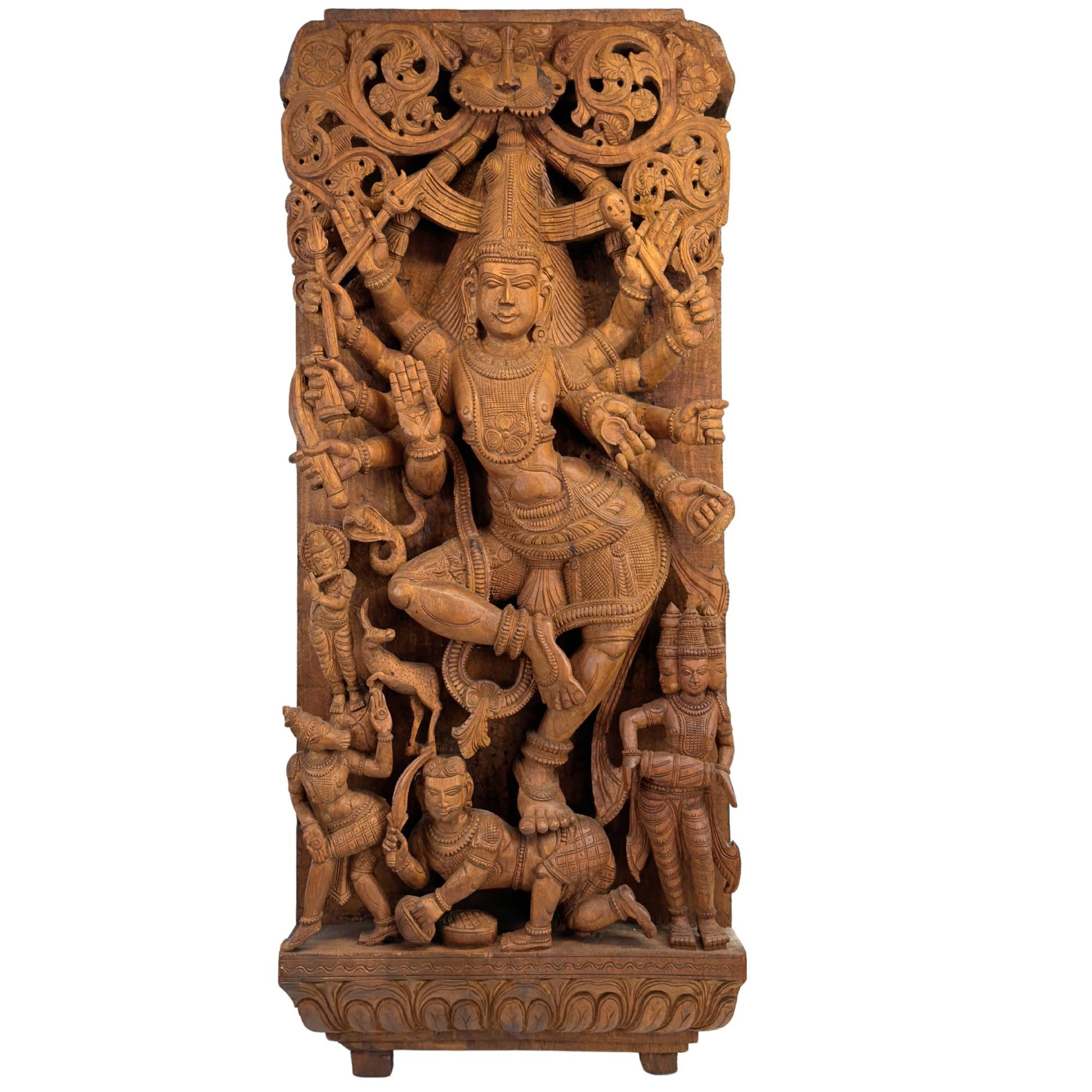 Monumental South Indian wooden temple panel with a detailed high relief of the cosmic dance of Shiva Nataraja from Tamil Nadu.