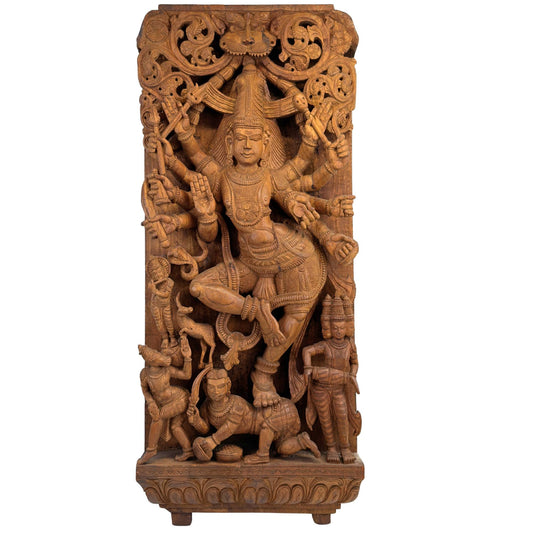Monumental South Indian wooden temple panel with a detailed high relief of the cosmic dance of Shiva Nataraja from Tamil Nadu.