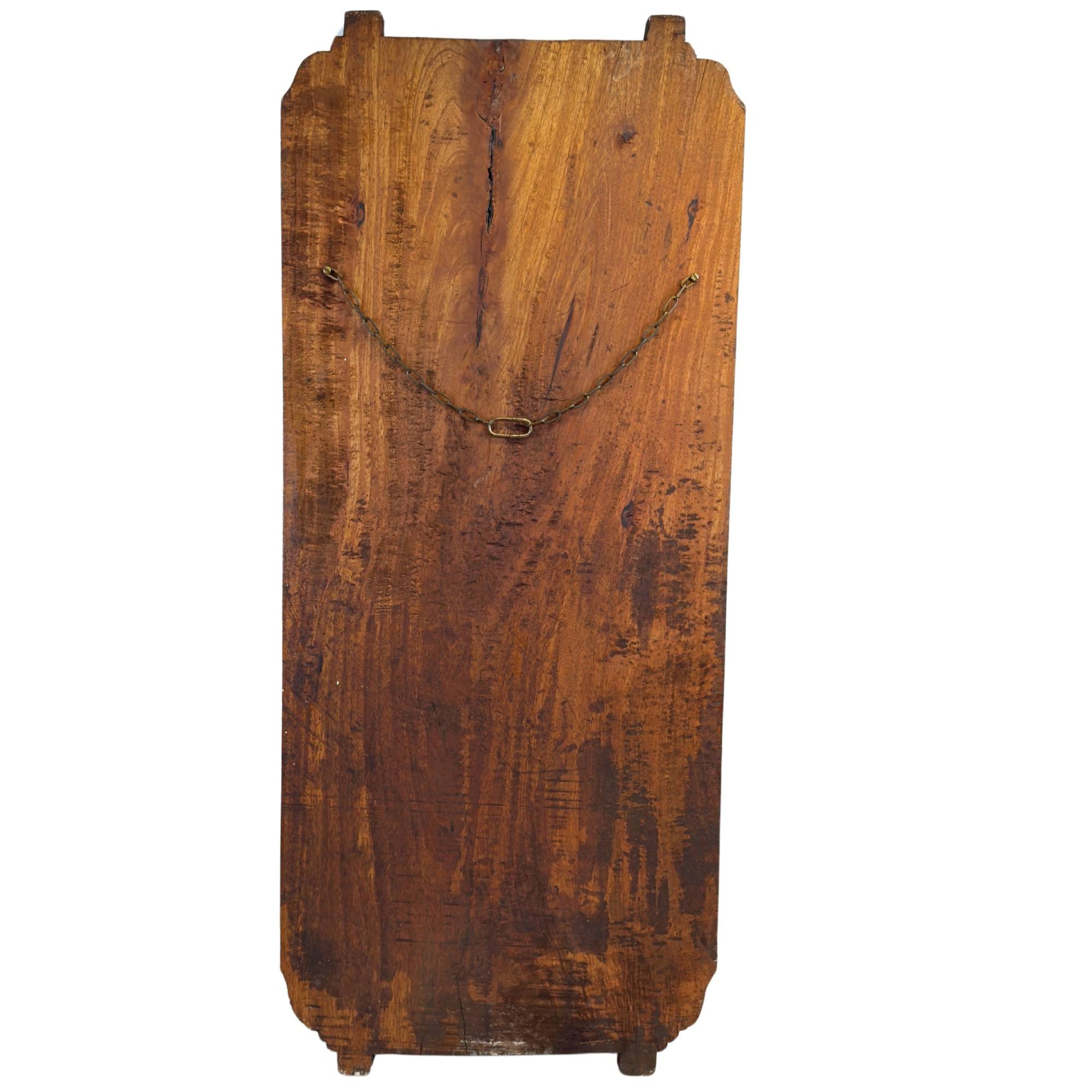 The raw back of the monolithic hardwood panel with hand saw marks, a natural shrinkage crack, and the original mounting dowels at the ends.