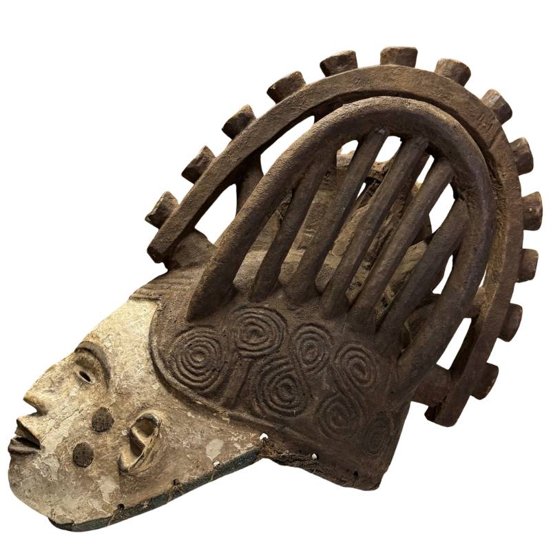 African wooden ceremonial mask, large ritual mask of 38 x 48 cm with distinctive headdress