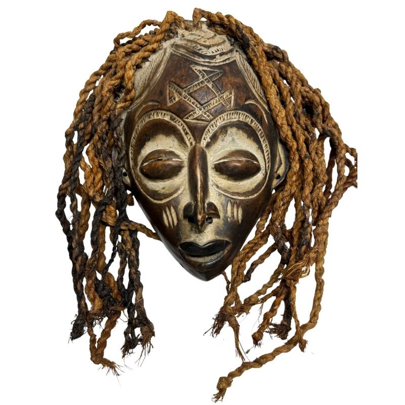 African wooden ritual mask with openwork high headdress, white kaolin layer and old ceremonial patina