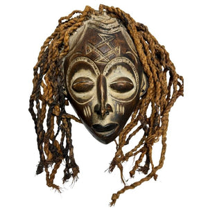 Décoration murale Masque Chokwe Pwo antique – Coiffure en fibre tressée – Congo – ca. 1950