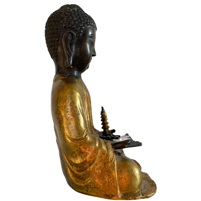 Amitabha bronze Buddha as a ritual object with stupa and crystal