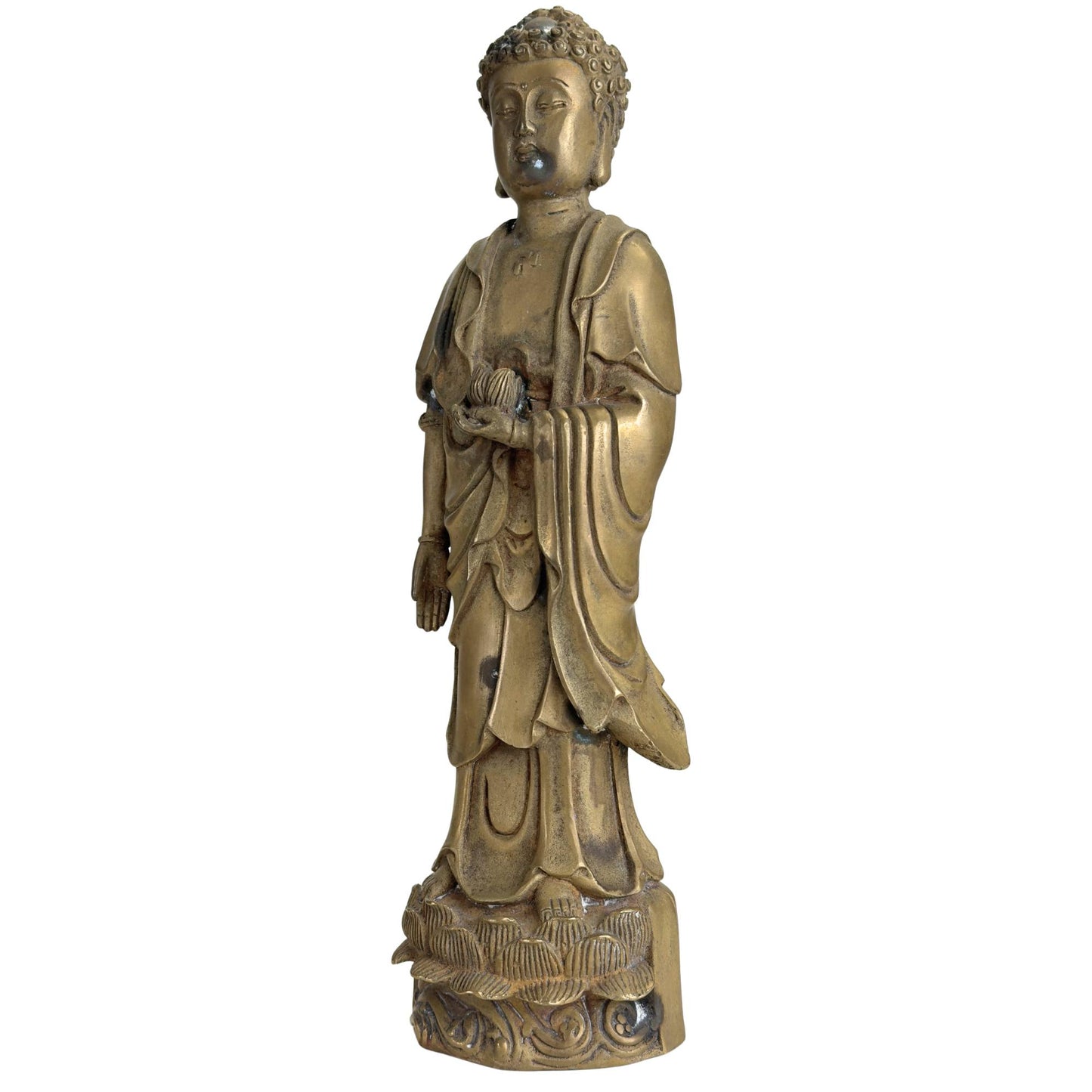 Meditative bronze Amitabha Buddha statue with lotus bud, suitable for an altar or serene interior spot