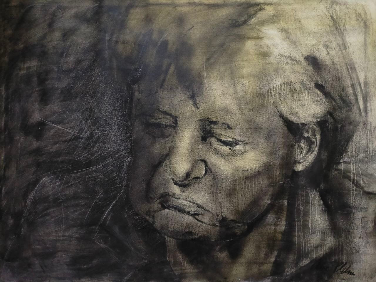 Angela Merkel portrait painting by Oliver Plehn in mixed media on canvas
