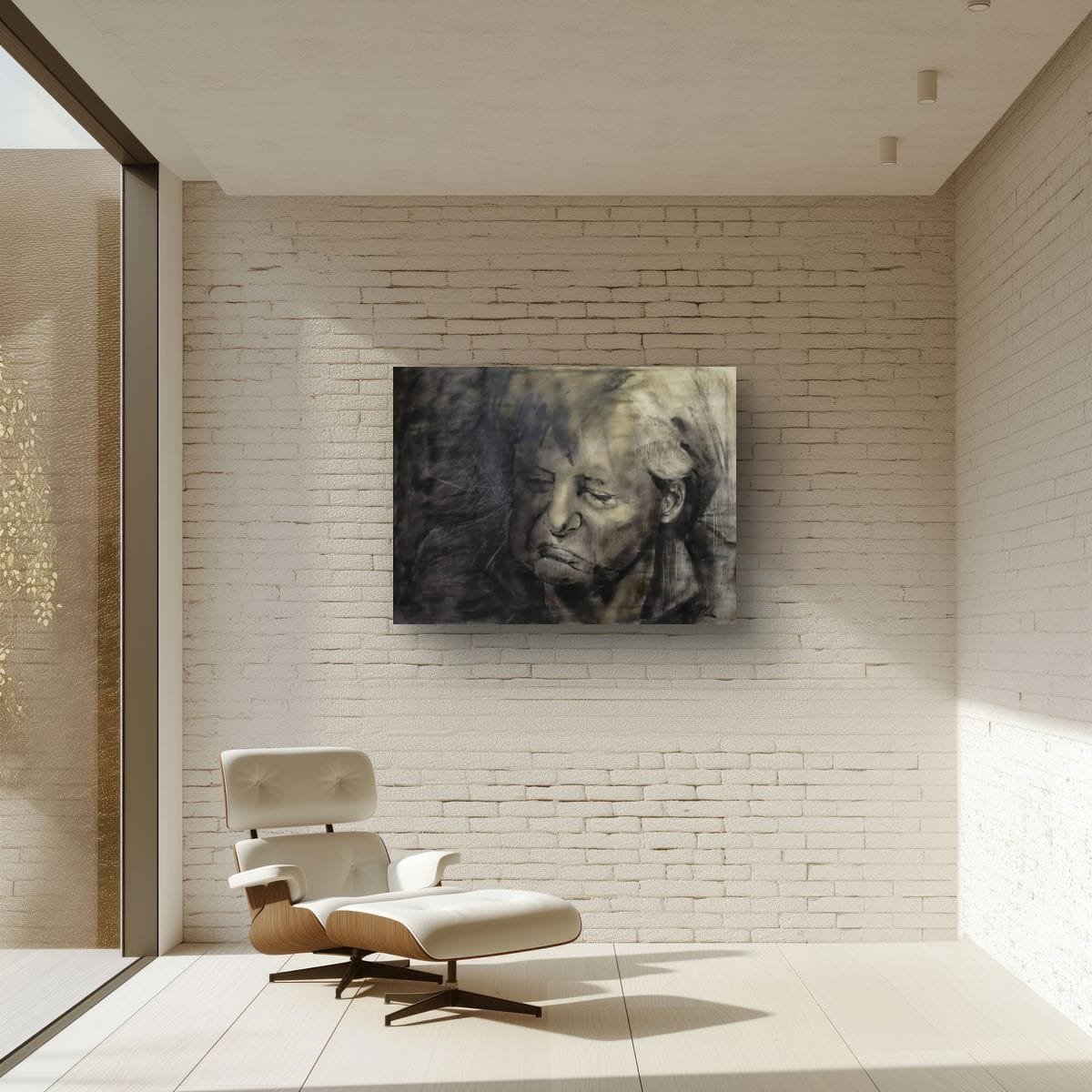 Angela Merkel portrait painting by Oliver Plehn displayed in a modern interior
