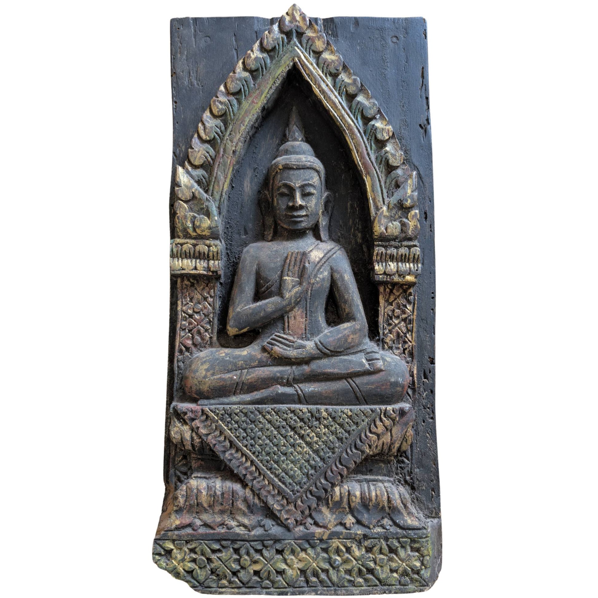 Front view of an 18th-century wooden temple panel with a seated Buddha and gold leaf.