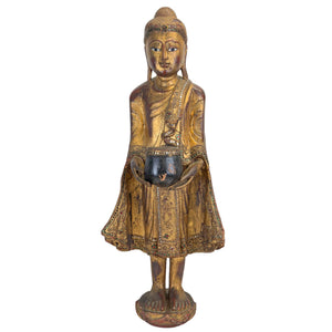 Antique 19th Century Burmese Standing Buddha Statue – Giltwood with Alms Bowl (77 cm)
