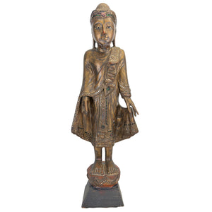 Antique 19th-Century Burmese Standing Buddha Statue – with Glass Inlays