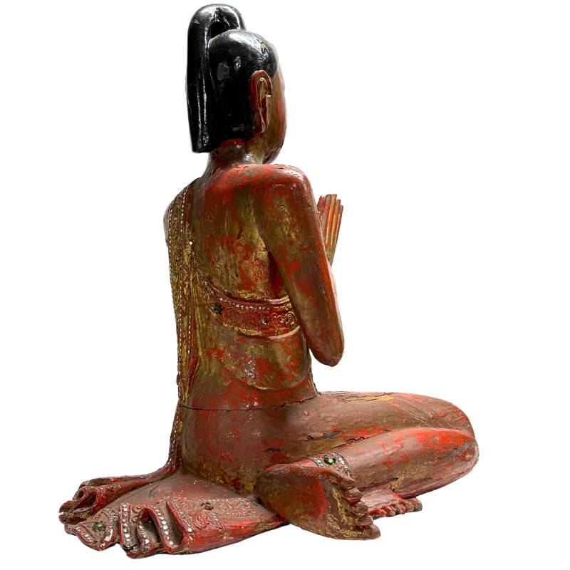 Antique Burmese wooden monk prayer statue
