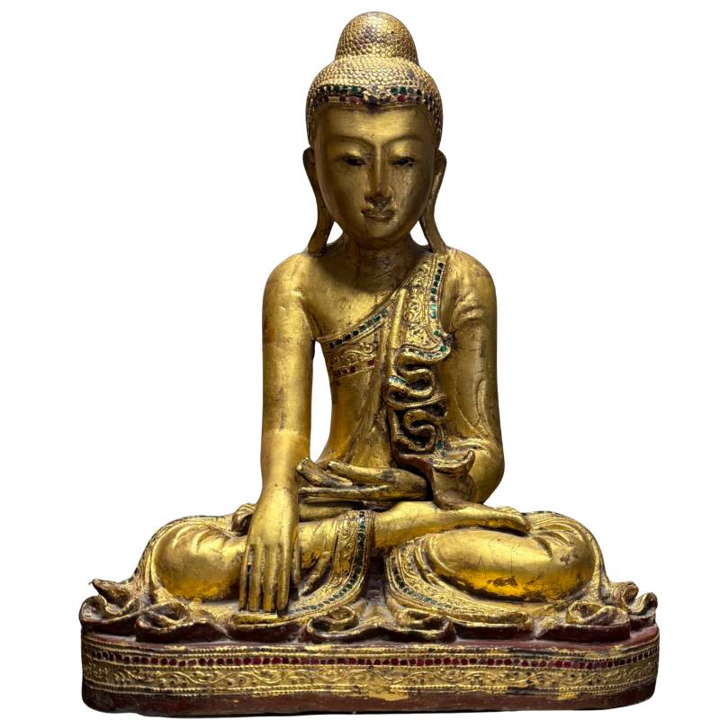 Antique Burmese Mandalay Buddha statue of gilded wood with a calm, spiritual aura