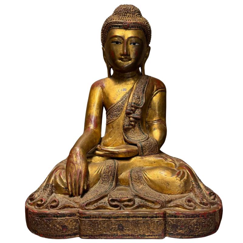 Antique Burmese Mandalay Buddha statue of gilded wood with inlaid eyes from Myanmar