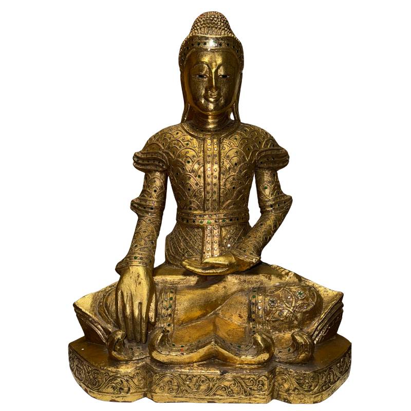 Antique Burmese Mandalay Buddha statue of gilded wood with glass decoration from Myanmar
