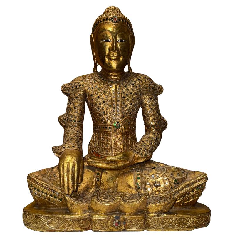 Antique Burmese Mandalay Buddha statue of gilded wood with glass decoration from Myanmar
