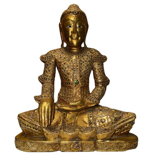 Statue antique de Bouddha de Mandalay, en bois doré et ornée de verre, Birmanie, vers 1880-1920