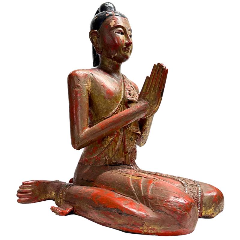 Antique Burmese wooden monk statue with lacquer
