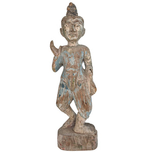 Statue birmane antique en bois polychrome du XIXe siècle – 34 cm