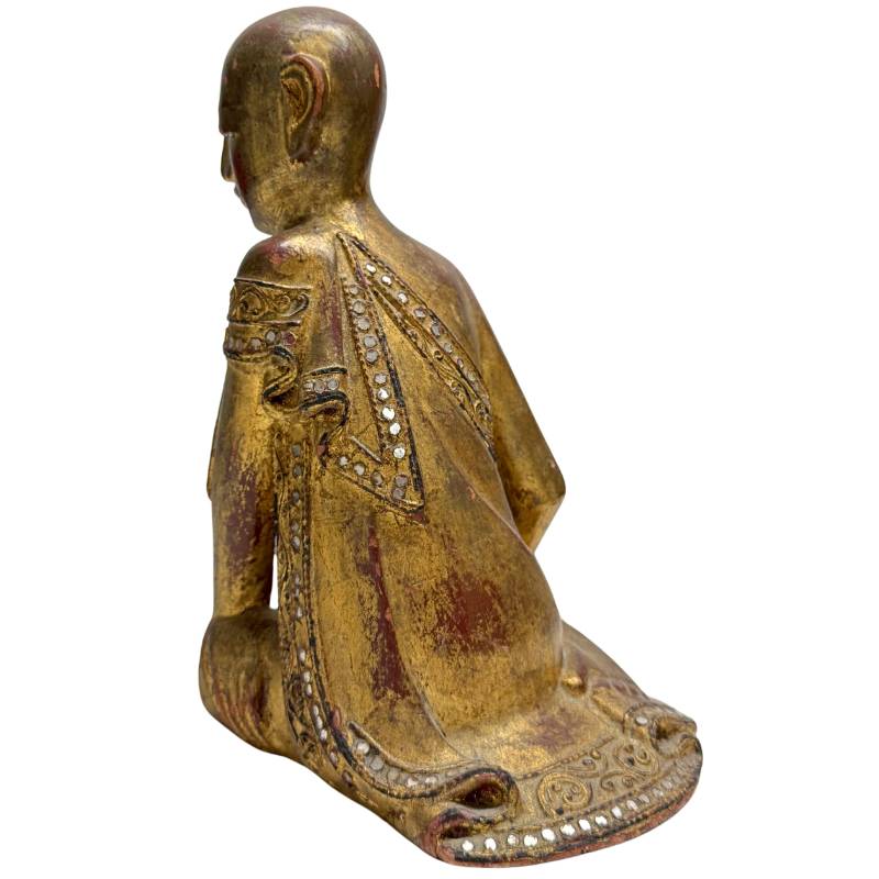 Hand-carved antique Burmese monk statue made of teak wood with authentic gold leaf.